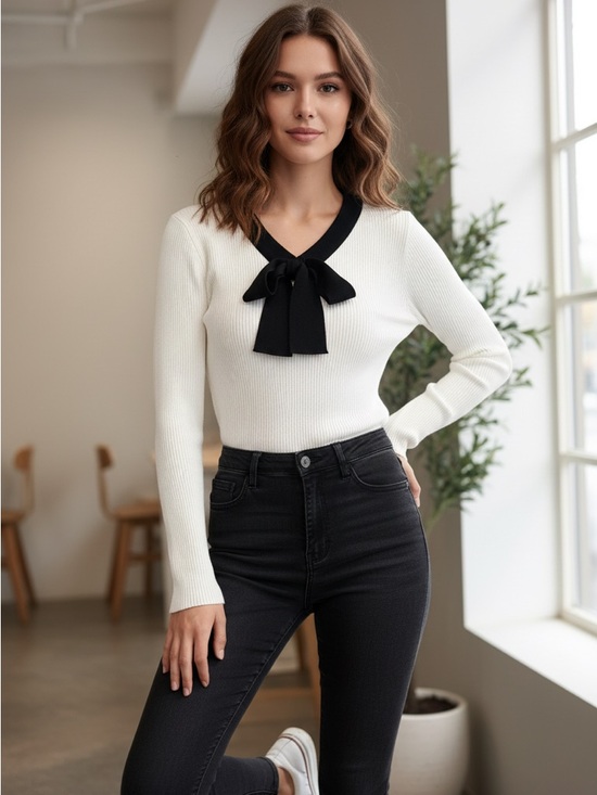 SHEIN Sweaters - SHEIN Cream Ribbed Long Sleeve Top with Black Bow Collar